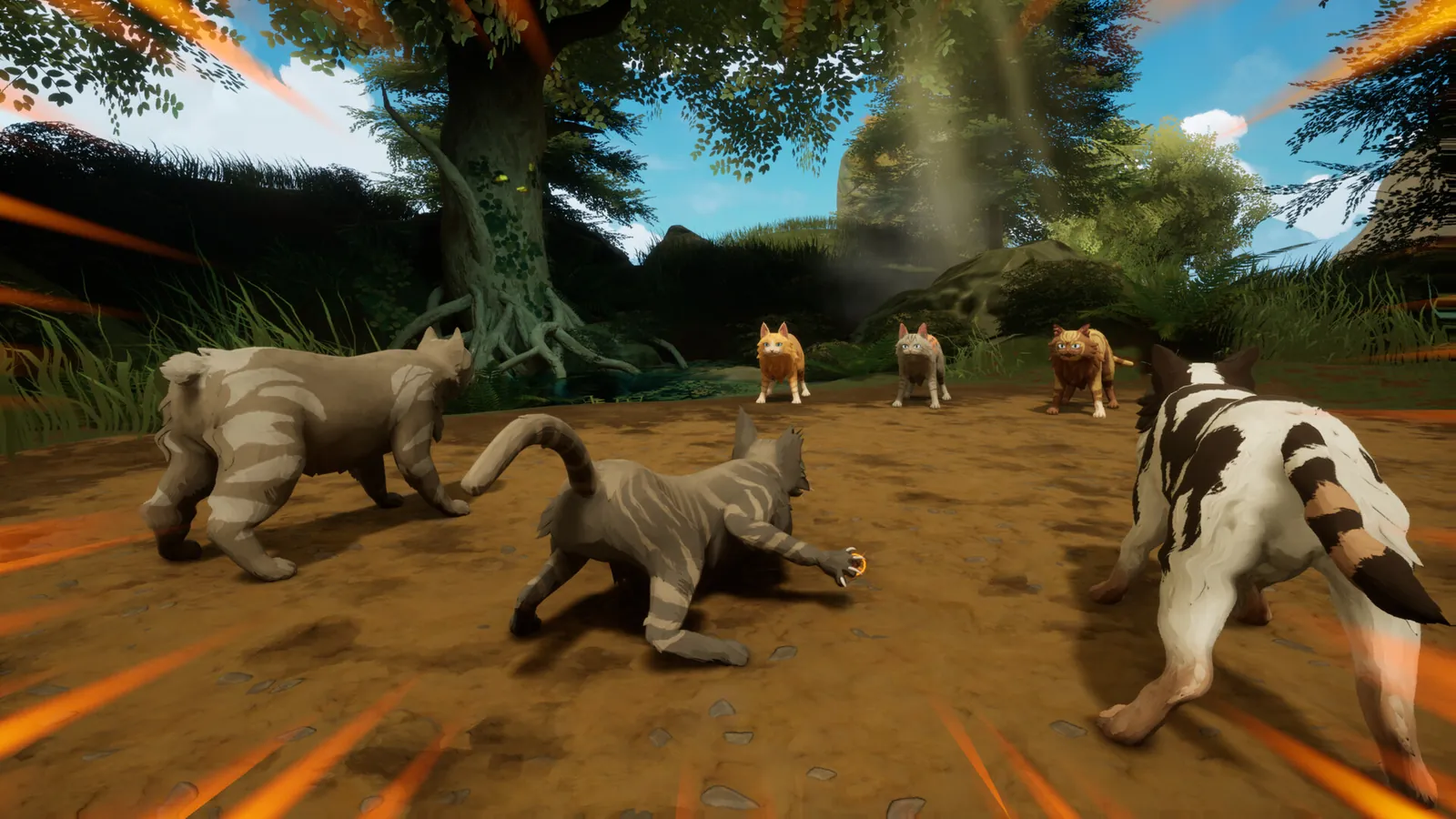 A patrol of Clan cats facing off on a forest clearing in turn-based battle