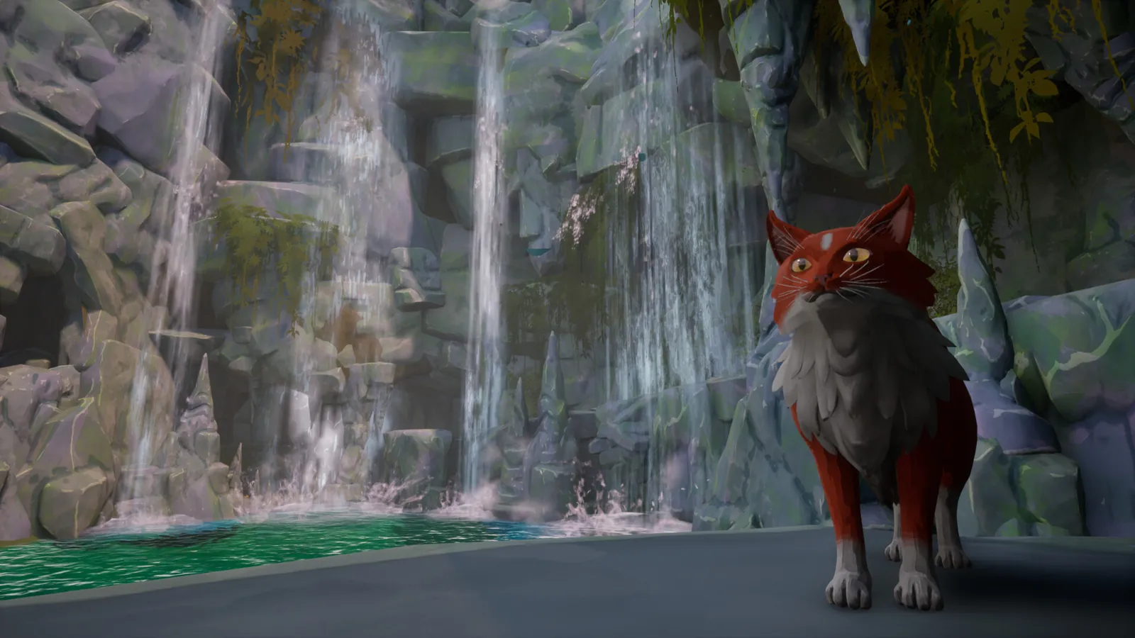 A ginger and grey cat in front of a waterfall in a rocky gorge